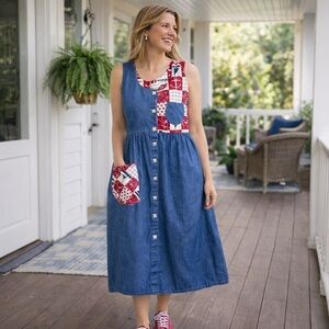 VTG 70s Krist Gudnason Sleeveless Midi Dress Medium Nautical Theme Denim Pockets